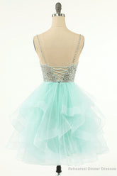 Mint Green Beaded Layered Tulle Homecoming Dress